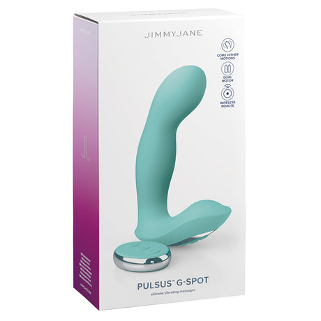 Jimmyjane Pulsus G-spot Vibrating Massager in teal packaging, highlighting ergonomic design for g-spot stimulation.
