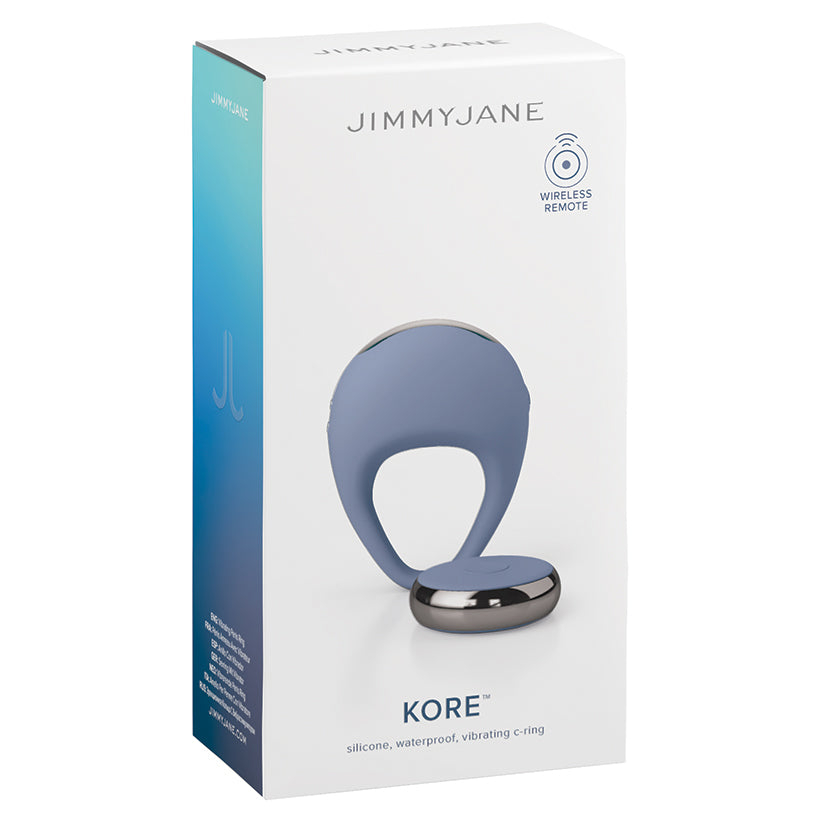Jimmyjane Kore Remote Control Vibrating Cock Ring packaging featuring sleek design and wireless remote.