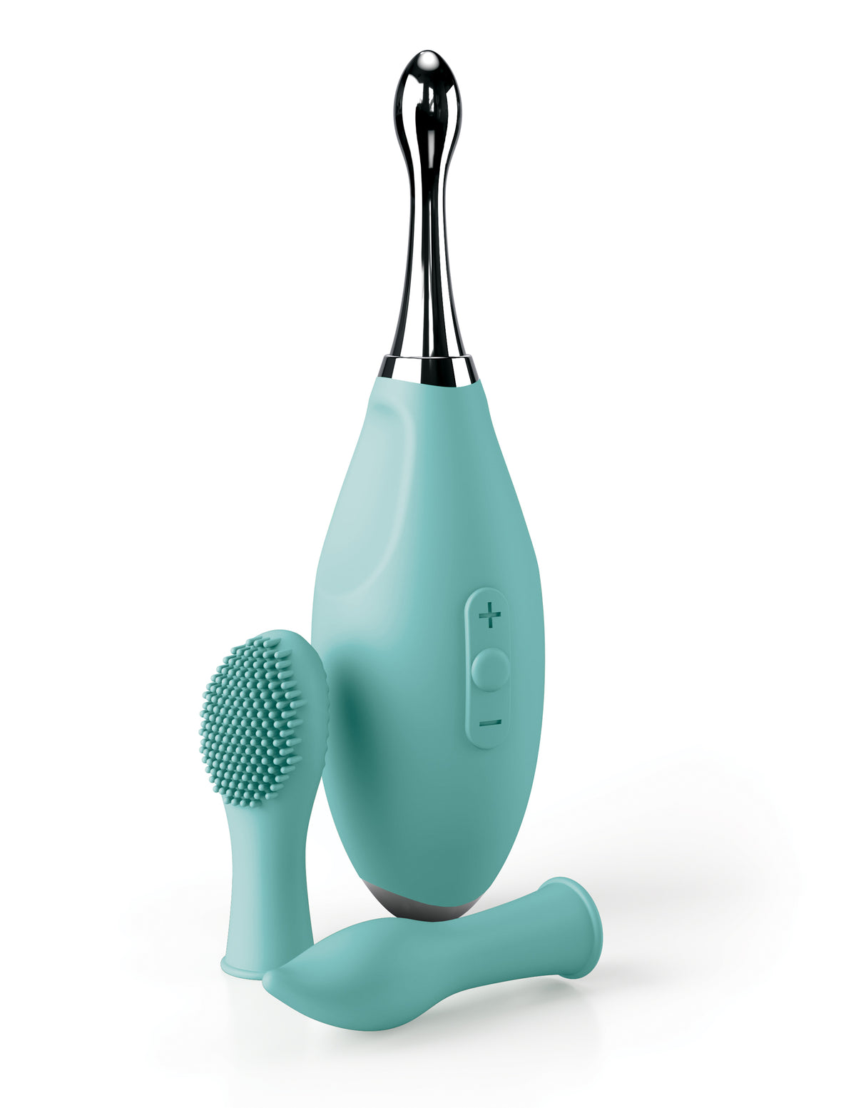 Jimmyjane Focus Pro Sonic Vibrating Massager in teal featuring silicone and stainless steel design.