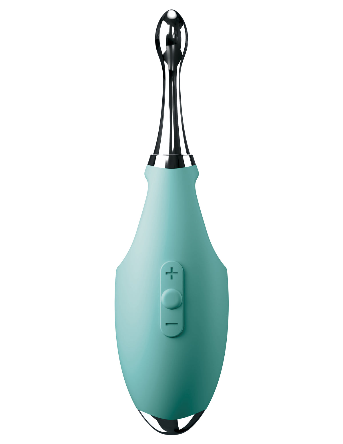 Jimmyjane Focus Pro Sonic Vibrating Massager in teal with stainless steel detail and control buttons.