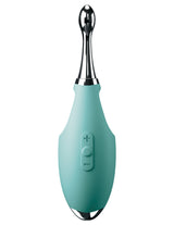 Jimmyjane Focus Pro Sonic Vibrating Massager in teal with stainless steel detail and control buttons.