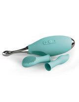 Jimmyjane Focus Pro Sonic Vibrating Massager in blue silicone with attachments for versatile pleasure.