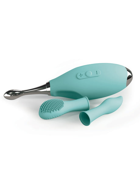 Jimmyjane Focus Pro Sonic Vibrating Massager in blue silicone with attachments for versatile pleasure.