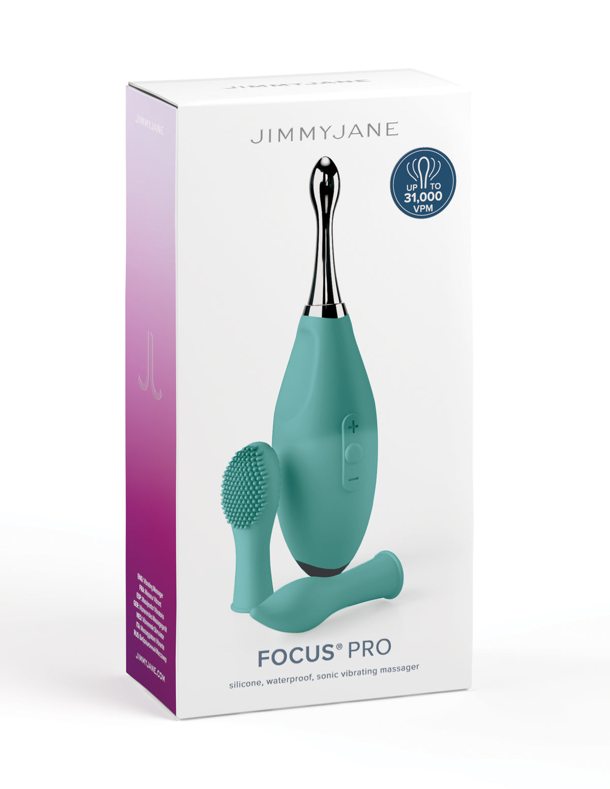 Jimmyjane Focus Pro Sonic Vibrating Massager in sleek packaging showcasing various features and attachments.