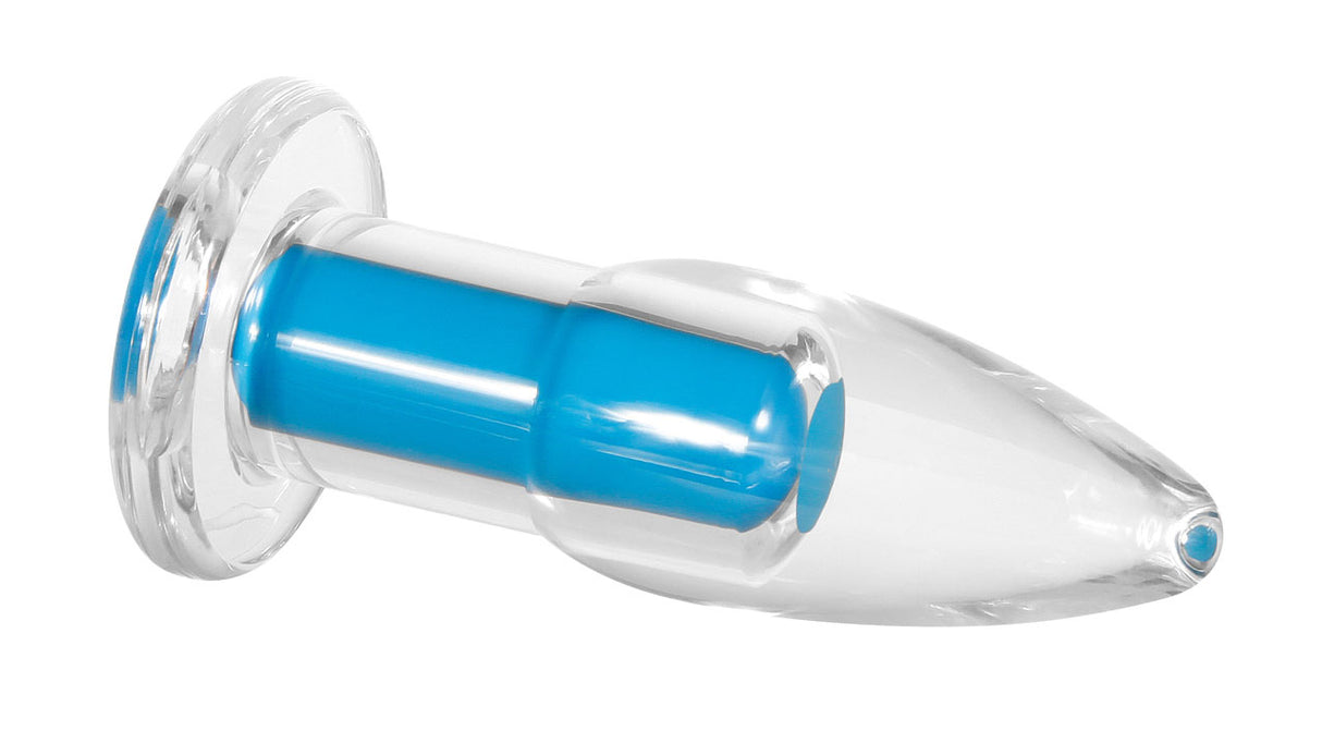 Gender X Electric Blue Anal Plug with Remote Control, clear body and blue bullet design for powerful vibrations.