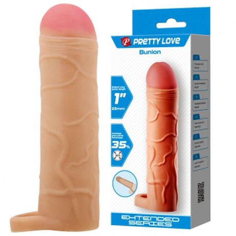 Pretty Love Bunion Extended Penis Sleeve Beige displayed in packaging next to the item.