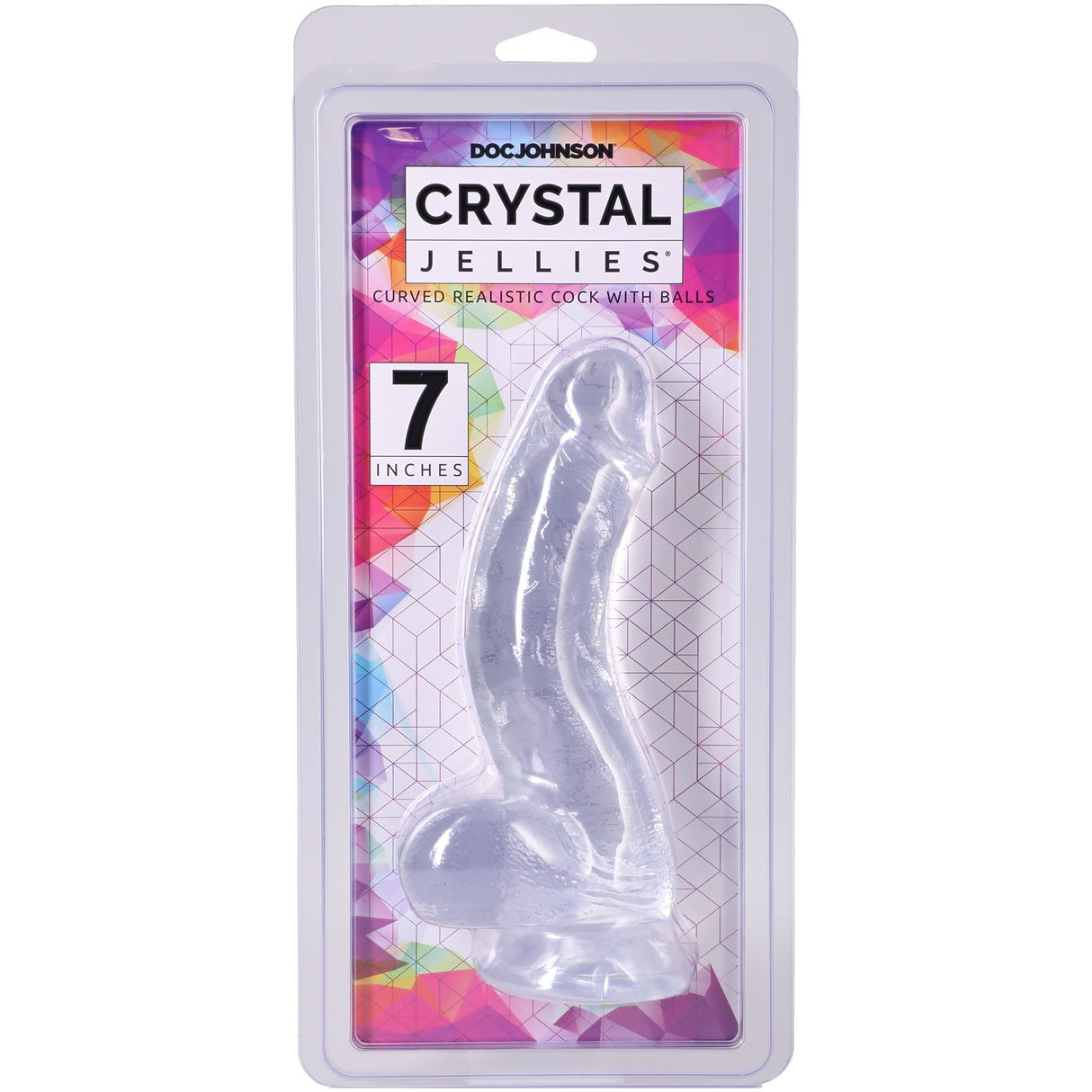 Crystal Jellies Realistic Cock With Balls 7 Inch Clear product packaging showing a clear dildo with curved design.