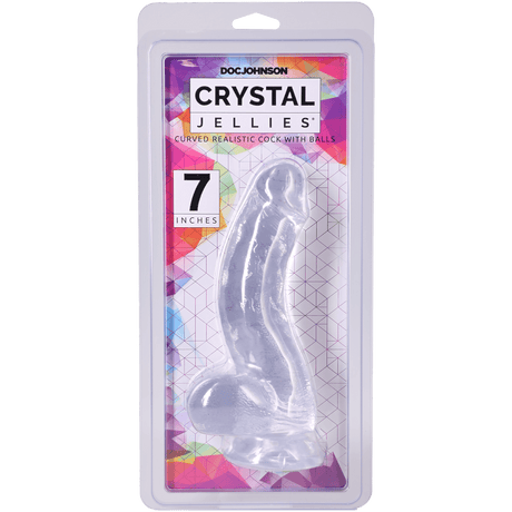 Crystal Jellies Realistic Cock With Balls 7 Inch Clear product packaging showing a clear dildo with curved design.