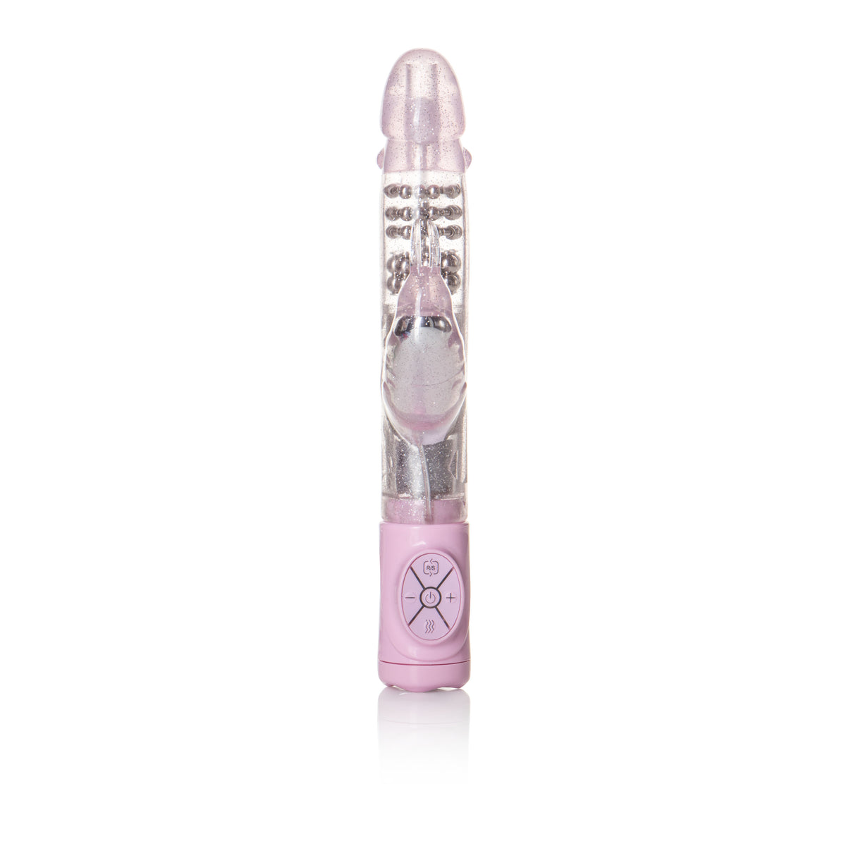 Jack Rabbit Thrusting Rotating Rabbit Vibrator Pink showcasing its sleek design and controls for dual stimulation.