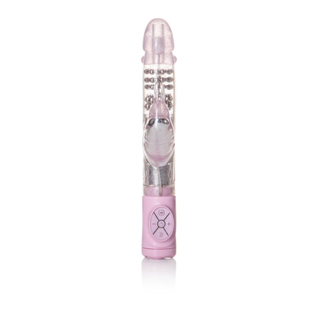 Jack Rabbit Thrusting Rotating Rabbit Vibrator Pink showcasing its sleek design and controls for dual stimulation.