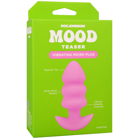 Mood Teaser Vibrating Micro Plug Pink packaging with tapered tip and vibrant design for discreet pleasure.