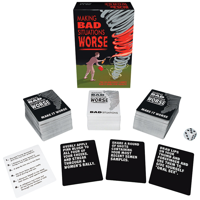 Making Bad Situations Worse Adult Party Card Game with outrageous reaction cards and game components on display.
