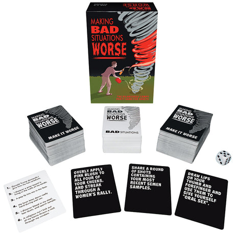 Making Bad Situations Worse Adult Party Card Game with outrageous reaction cards and game components on display.