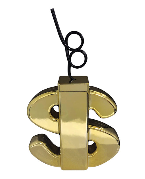 Kheper Games Metallic Gold Dollar Sign Cup with a curly straw for fun and stylish drinkware.