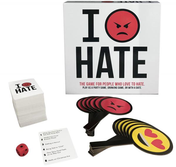 Kheper Games I Hate Adult Party Game with game components including cards, dice, and emoji paddles.