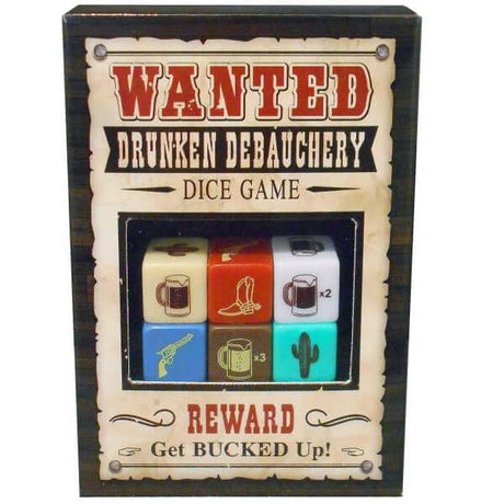 Wanted Debauchery Dice Adult Drinking Game box featuring colorful dice and instructions for fun party gameplay.