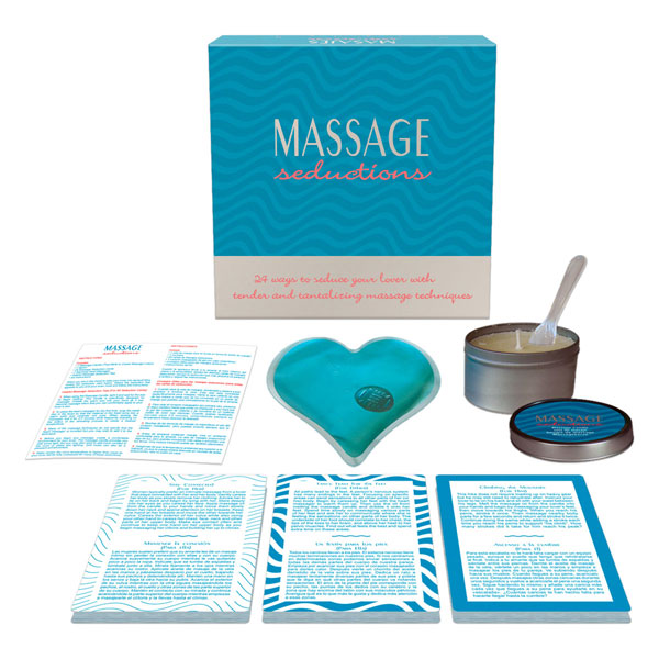 Kheper Games Massage Seductions Erotic Massage Kit with heart-shaped gel, instructions, and massage products.
