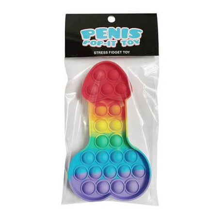 Kheper Games Penis Pop-It Stress Fidget Toy in colorful rainbow packaging for stress relief and fun.