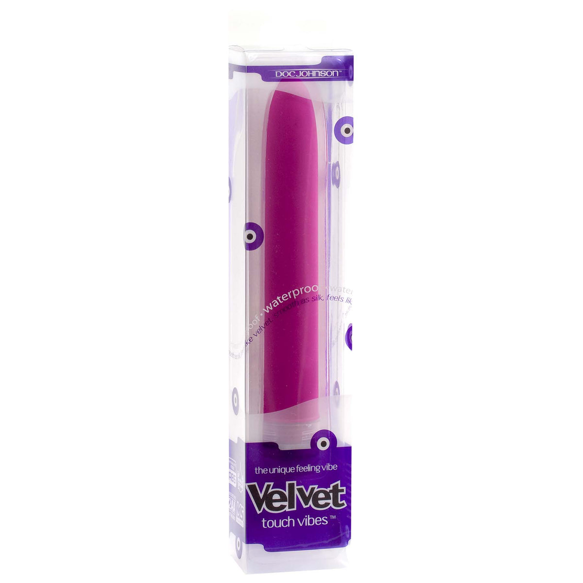 Doc Johnson Velvet Touch 7 Inch Waterproof Vibrator Magenta in packaging showing its sleek design and color.