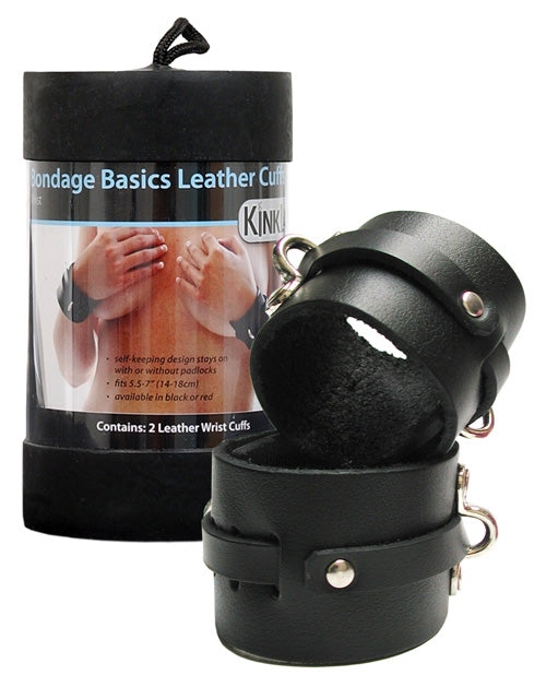 KinkLab Leather Wrist Cuffs Black in packaging, showcasing stylish leather cuffs for comfortable restraint.