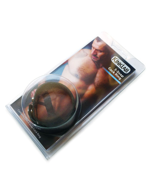 KinkLab Leather 3 Snap Cock Ring in packaging, showcasing adjustable features for a firmer erection.