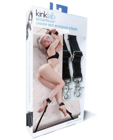 KinkLab Bedspread Restraint System packaging featuring under bed bondage straps and model in playful pose.