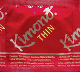 Kimono Lubricated Thin Latex Condoms 12 Pack packaging, highlighting its thin design and cautionary notes.