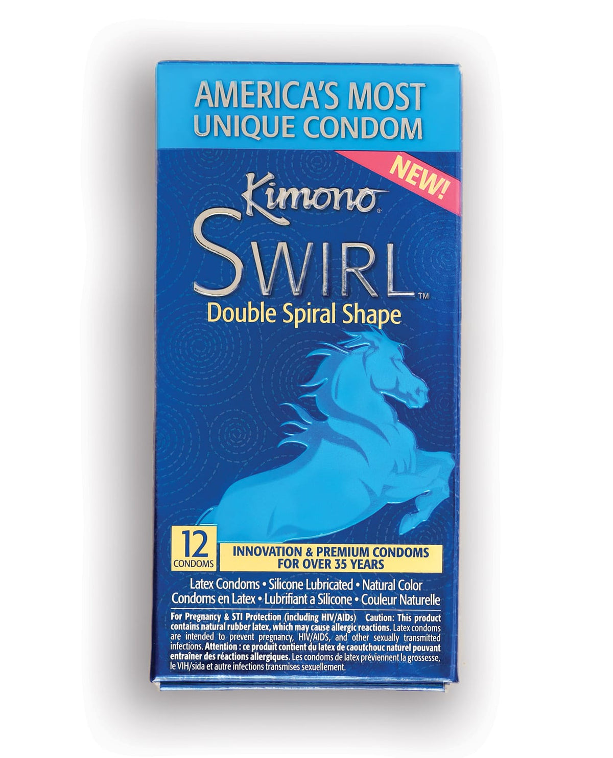 Kimono Swirl 12 Pack Ultra Thin Latex Condoms box showcasing double spiral shape and unique features.