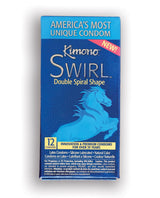 Kimono Swirl 12 Pack Ultra Thin Latex Condoms box showcasing double spiral shape and unique features.