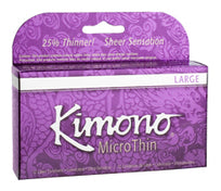 Kimono Microthin Large Latex Condoms 12 Pack packaging showcasing the ultra-thin, large condoms for enhanced comfort.