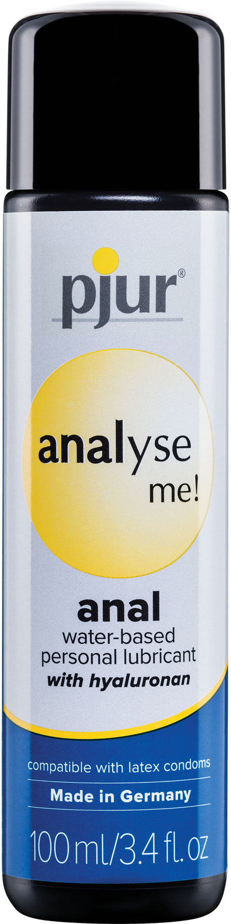 Pjur Analyse Me Water-Based Anal Lubricant 250 ml bottle with hyaluronan, ideal for anal play and compatible with latex condoms.