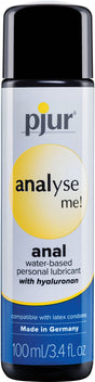 Pjur Analyse Me Water-Based Anal Lubricant 250 ml bottle with hyaluronan, ideal for anal play and compatible with latex condoms.