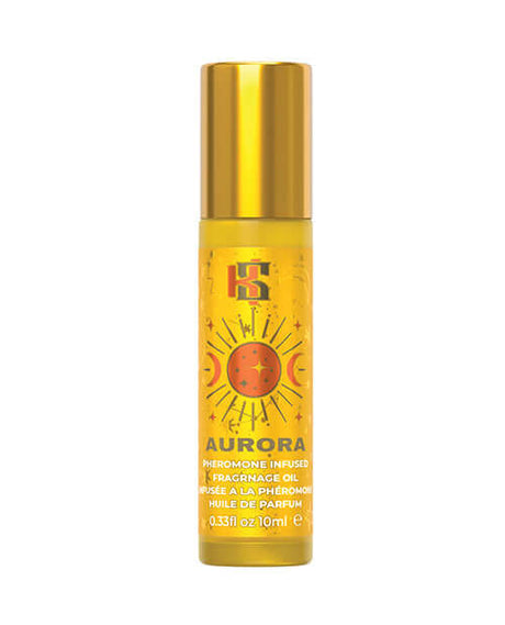 Kama Sutra Celestial Pheromone Roll on Fragrance Oil Aurora 10 ml in a stylish golden bottle.