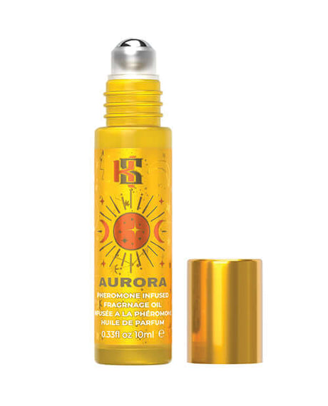 Kama Sutra Celestial Pheromone Roll on Fragrance Oil Aurora 10 ml bottle with cap off, showcasing its bright design.