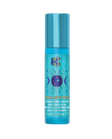 Kama Sutra Celestial Pheromone Roll on Oil Solstice 10 ml in a blue bottle with celestial designs.