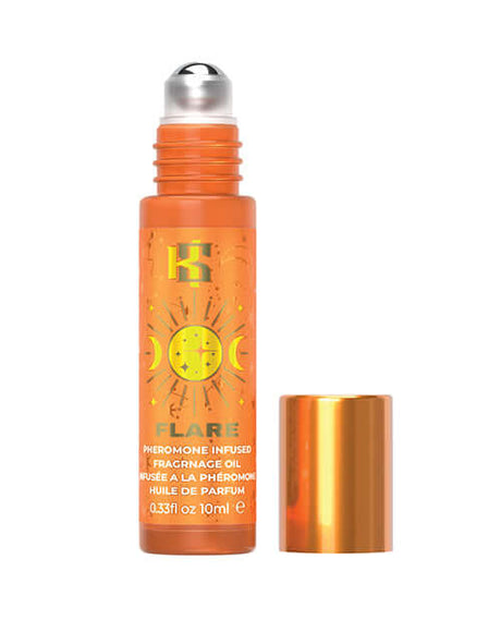 Kama Sutra Celestial Pheromone Fragrance Roll on Oil Flare 10 ml bottle with vibrant orange packaging and rollerball top.