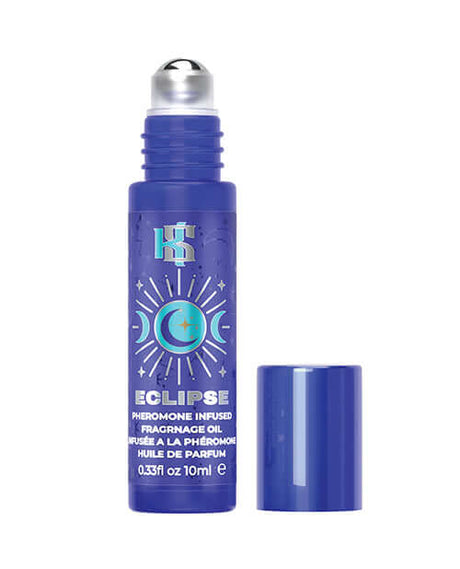 Kama Sutra Celestial Pheromone Roll on Oil Eclipse 10 ml in a dark blue bottle with a rollerball applicator.
