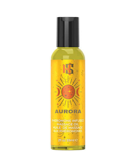 Kama Sutra Pheromone Massage Oil Aroura 2 Oz bottle with vibrant yellow design and black cap.