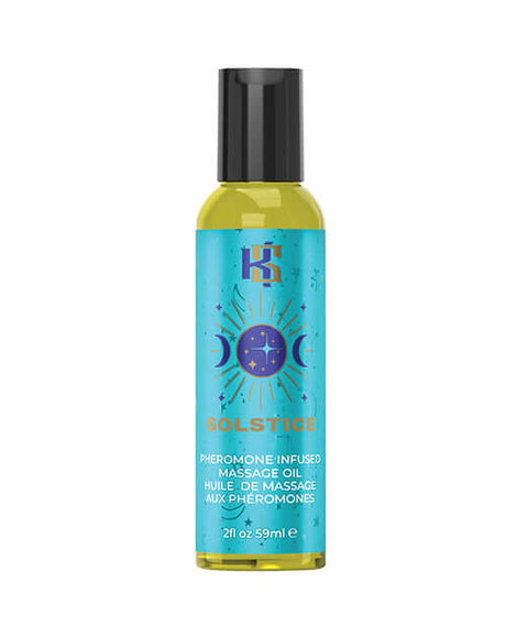 Kama Sutra Celestial Pheromone Massage Oil Solstice 2 Oz bottle with vibrant design and oil inside.