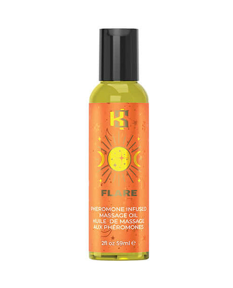 Kama Sutra Celestial Pheromone Massage Oil Flare 2 Oz bottle with bright orange label and black cap.