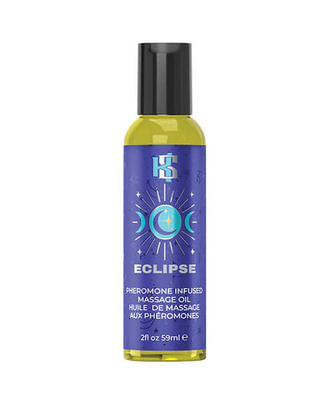 Kama Sutra Celestial Pheromone Massage Oil Eclipse 2 Oz bottle featuring a vibrant design and pheromone-infused formula.