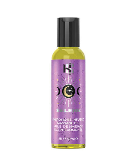 Kama Sutra Celestial Pheromone Massage Oil Selene 2 Oz bottle featuring a purple label and a black cap.