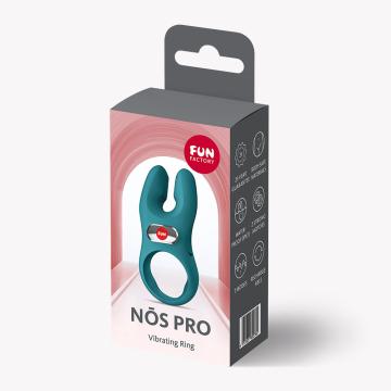 Fun Factory NOS Vibrating Cock Ring Green packaging featuring a sleek design and dual stimulation features.