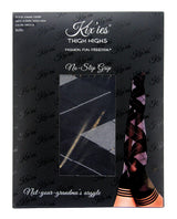 Kixies Kimmie Argyle Thigh High Size A packaging showcasing stylish argyle design and non-slip grip feature.
