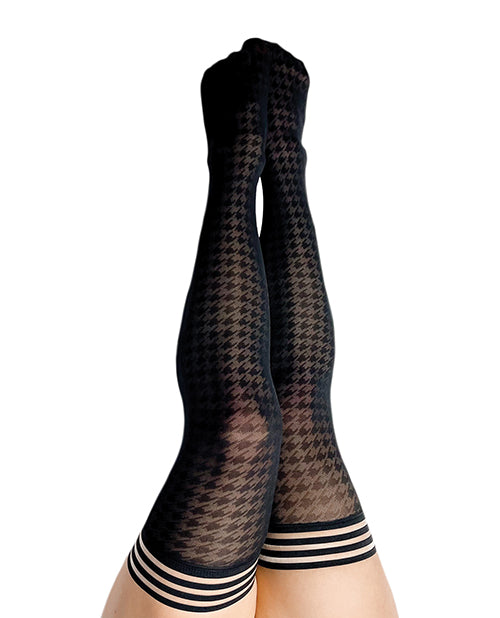 Kixies Meaghan Houndstooth Thigh High Black Size D featuring a stylish black houndstooth pattern and sporty stripes.
