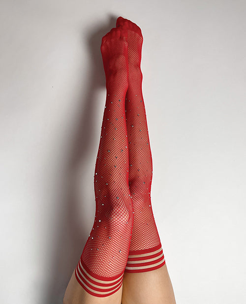 Kixies Joely Fishnet Rhinestone Thigh High Red A showcasing bold red fishnet with rhinestone accents.