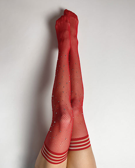 Kixies Joely Fishnet Rhinestone Thigh High Red A showcasing bold red fishnet with rhinestone accents.
