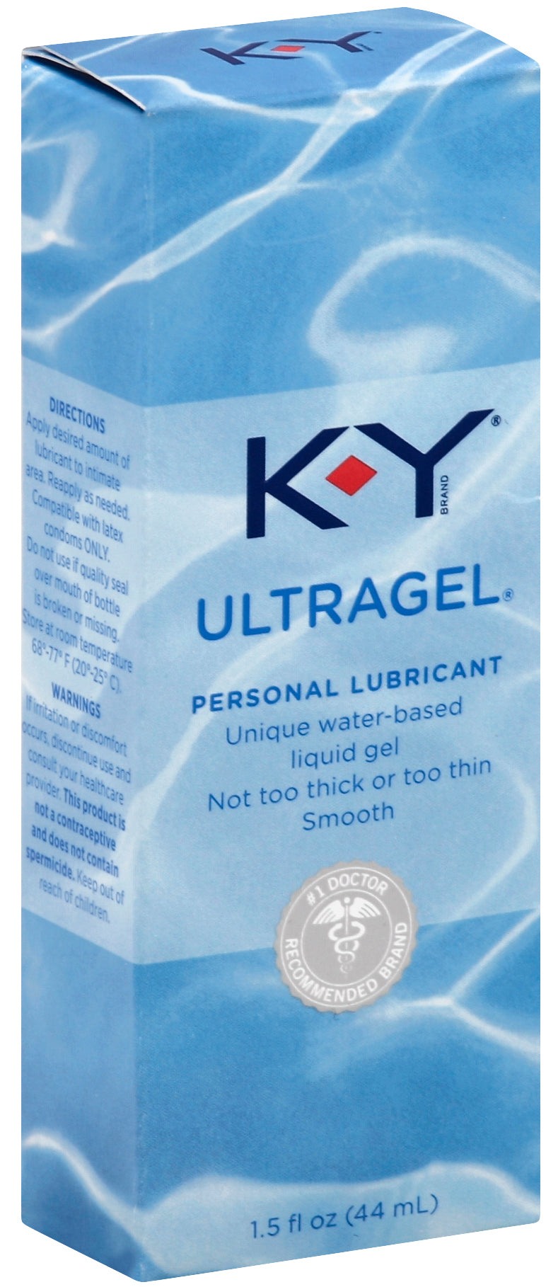 KY Ultra Gel 1.5 Oz Water Based Personal Lubricant packaging and branding on a light blue background.