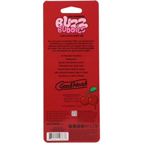 Goodhead Buzz Buddies 5 Inch Multi-Speed Vibe Cherries packaging with product features and usage instructions.