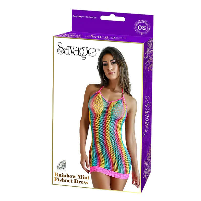 Be Savage Rainbow Mini Fishnet Dress OS packaging featuring a model in a vibrant rainbow fishnet design.
